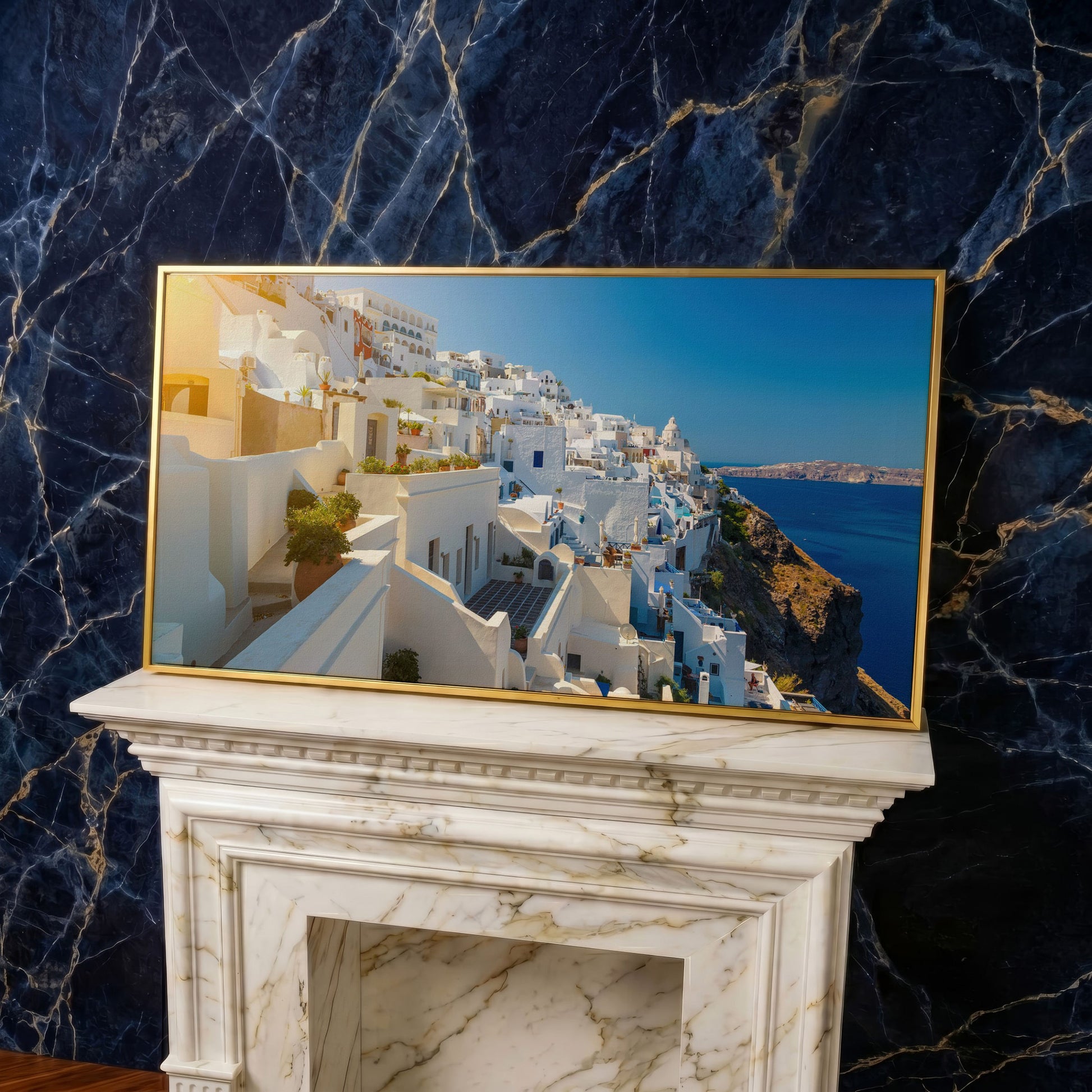 Santorini, Greece Canvas Print in yellow gold floating frame