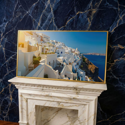 Santorini, Greece Canvas Print in yellow gold floating frame