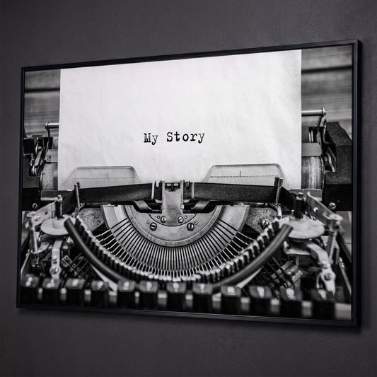 Vintage Typewriter Canvas with 'My Story' Text shown in black floating frame