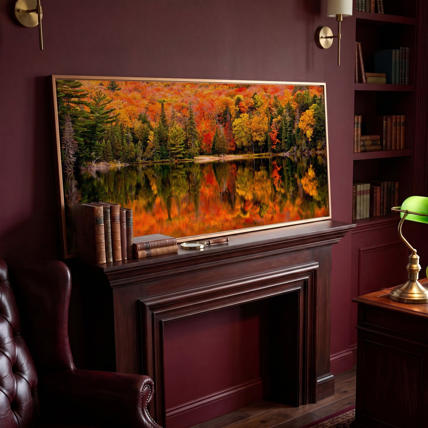 Autumn Forest with Reflective Lake Canvas in antique gold floating frame