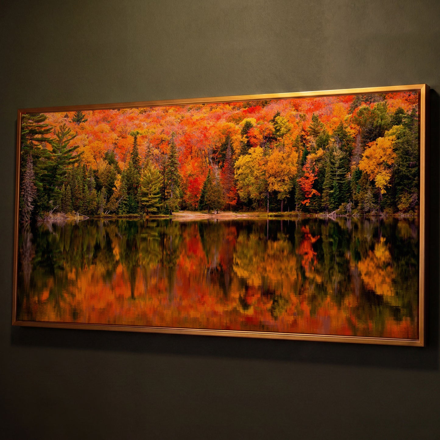 Autumn Forest with Reflective Lake Canvas shown in antique gold floating frame