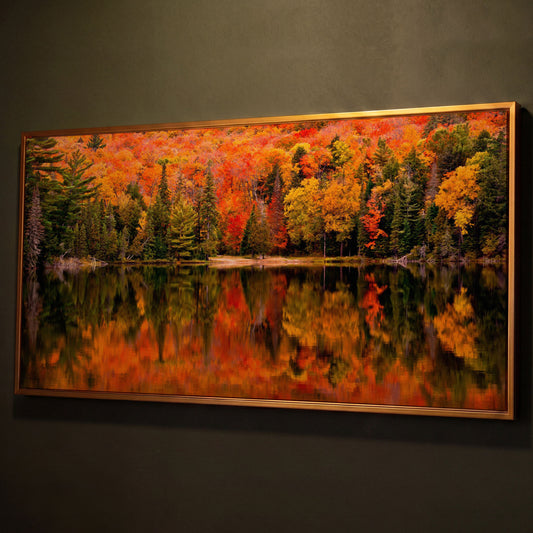 Autumn Forest with Reflective Lake Canvas shown in antique gold floating frame