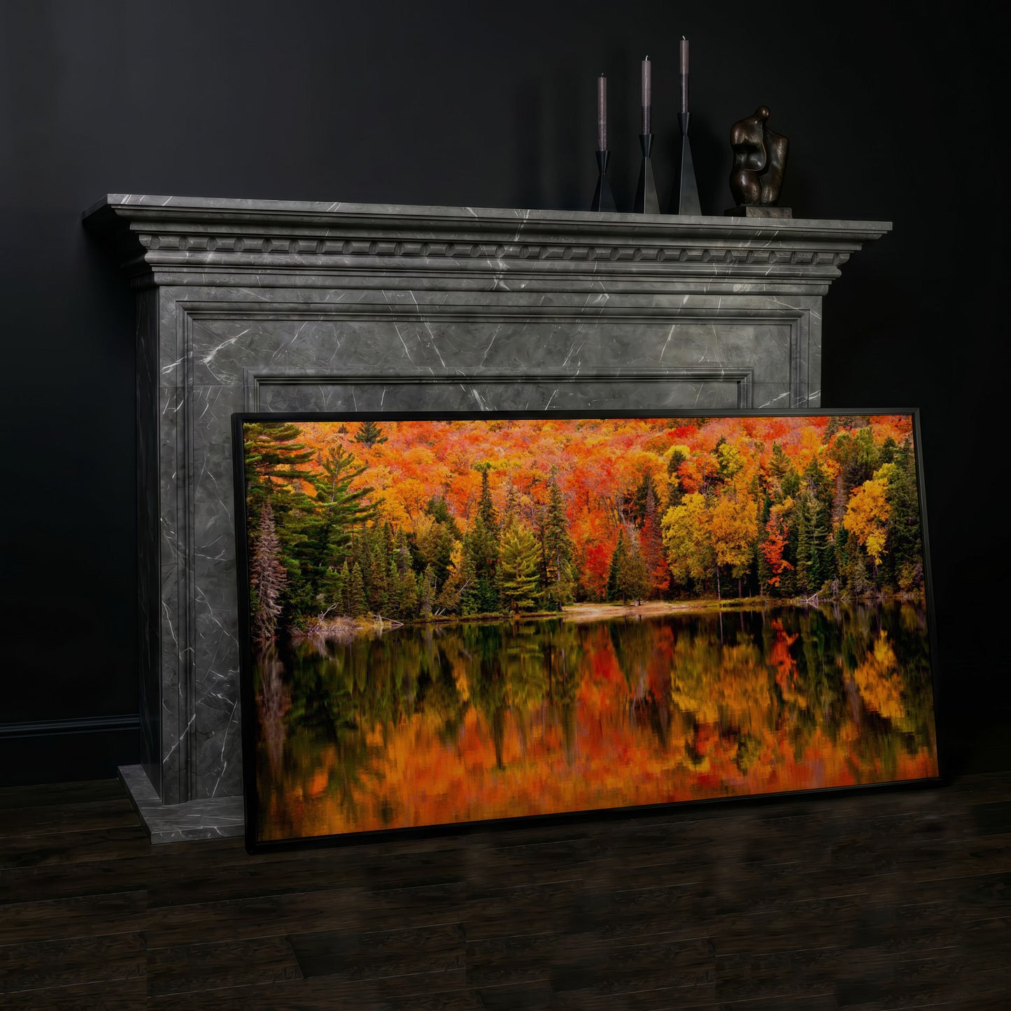 Autumn Forest with Reflective Lake Canvas in black floating frame