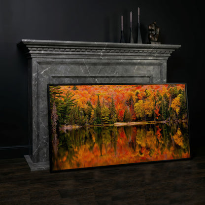 Autumn Forest with Reflective Lake Canvas in black floating frame