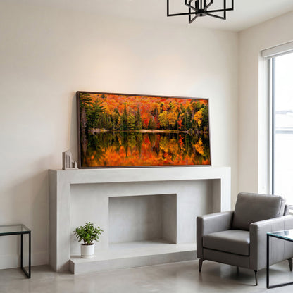 Autumn Forest with Reflective Lake Canvas in dark walnut floating frame