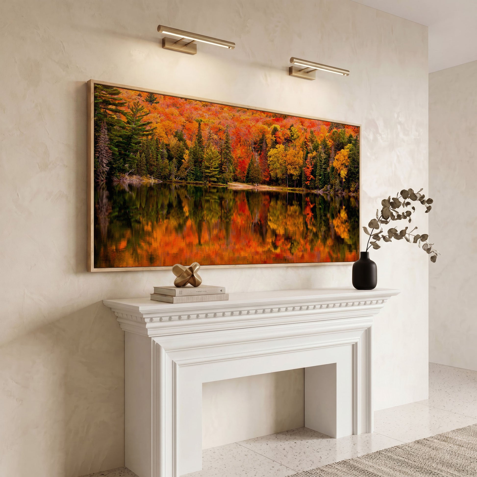 Autumn Forest with Reflective Lake Canvas in white oak floating frame