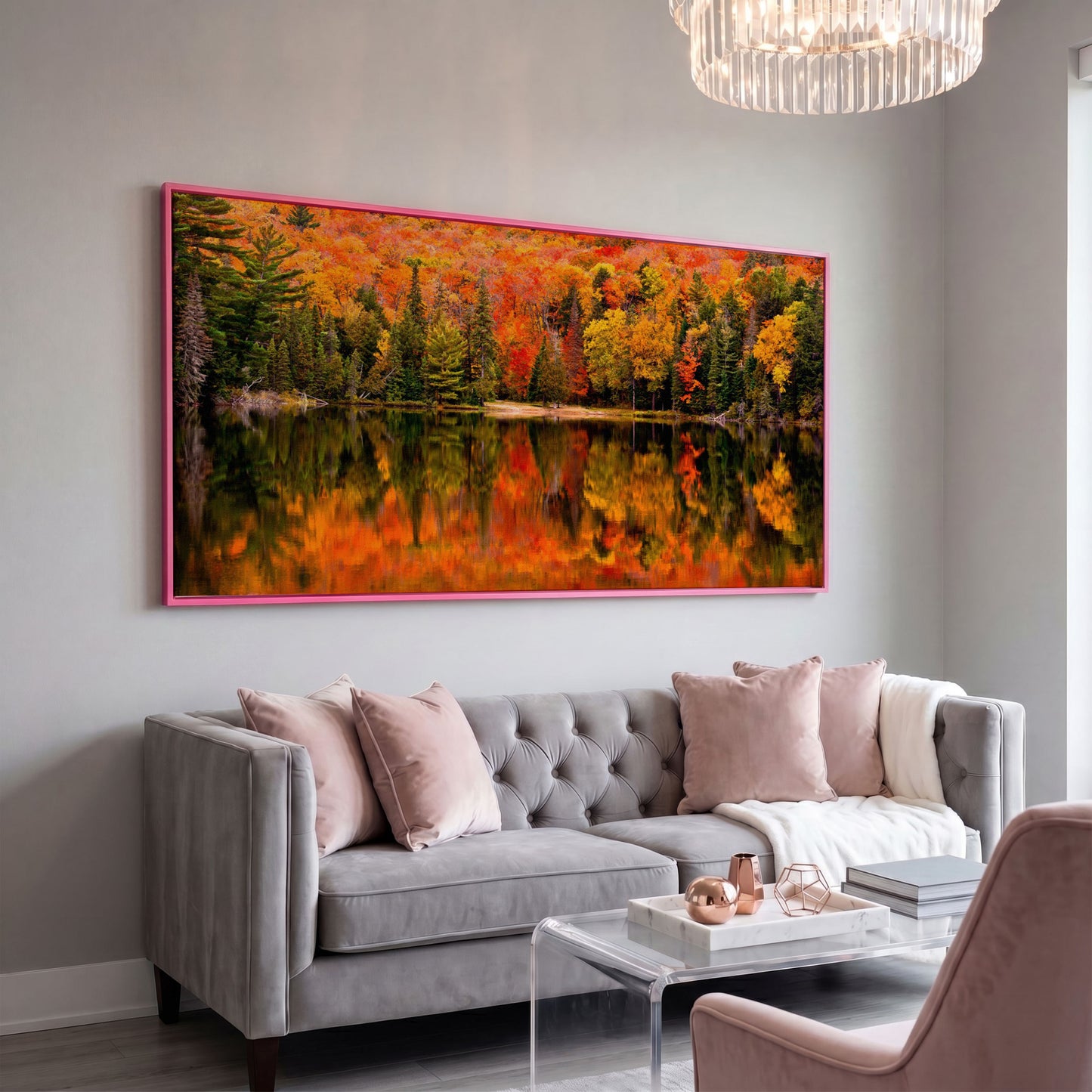 Autumn Forest with Reflective Lake Canvas in pink floating frame