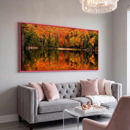 Autumn Forest with Reflective Lake Canvas in pink floating frame
