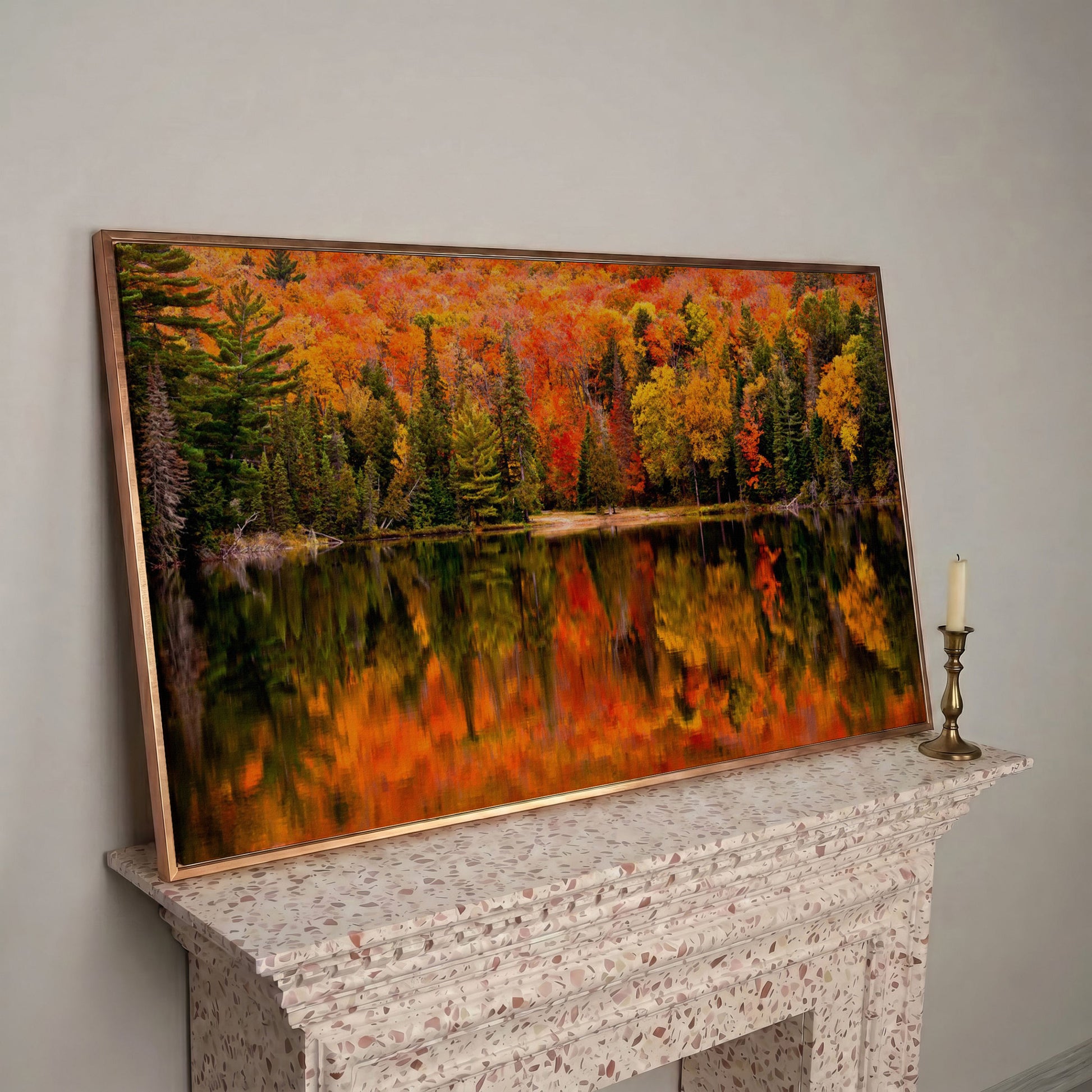 Autumn Forest with Reflective Lake Canvas in rose gold floating frame