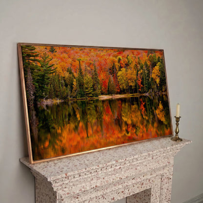Autumn Forest with Reflective Lake Canvas in rose gold floating frame