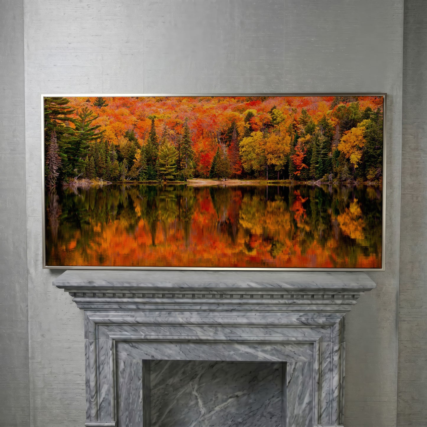 Autumn Forest with Reflective Lake Canvas in silver floating frame