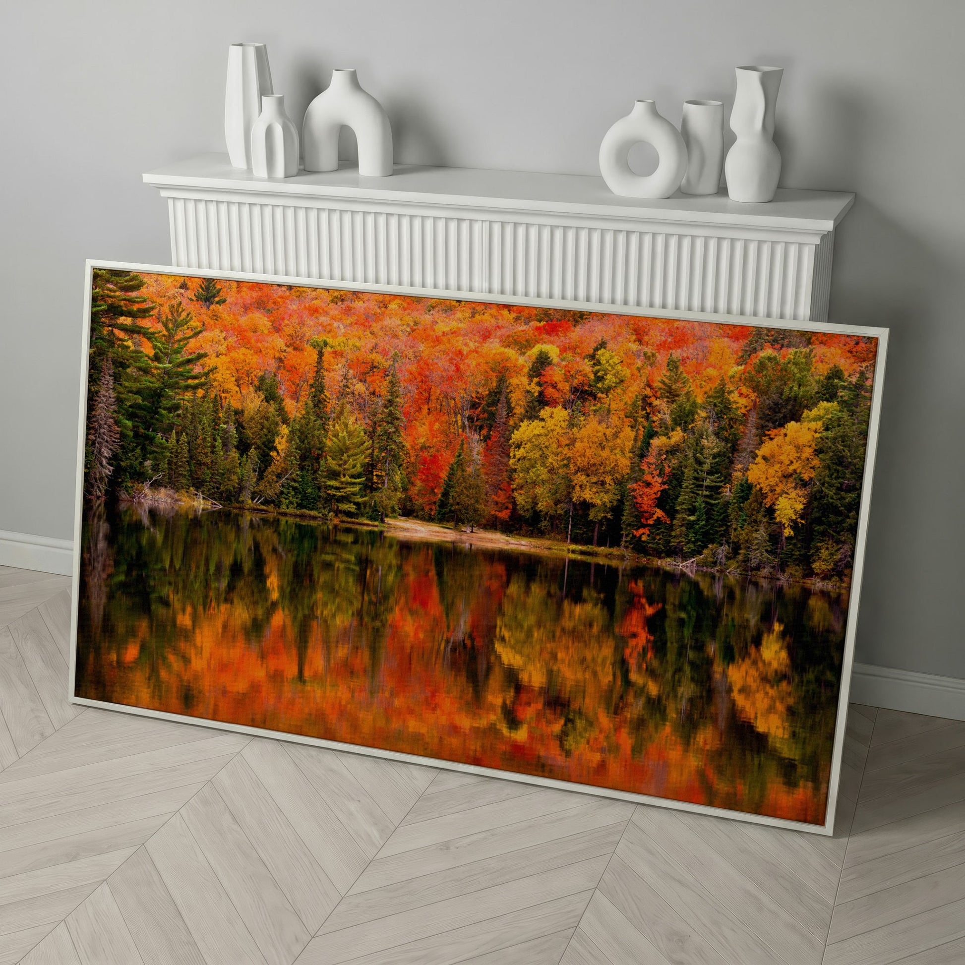 Autumn Forest with Reflective Lake Canvas in white floating frame