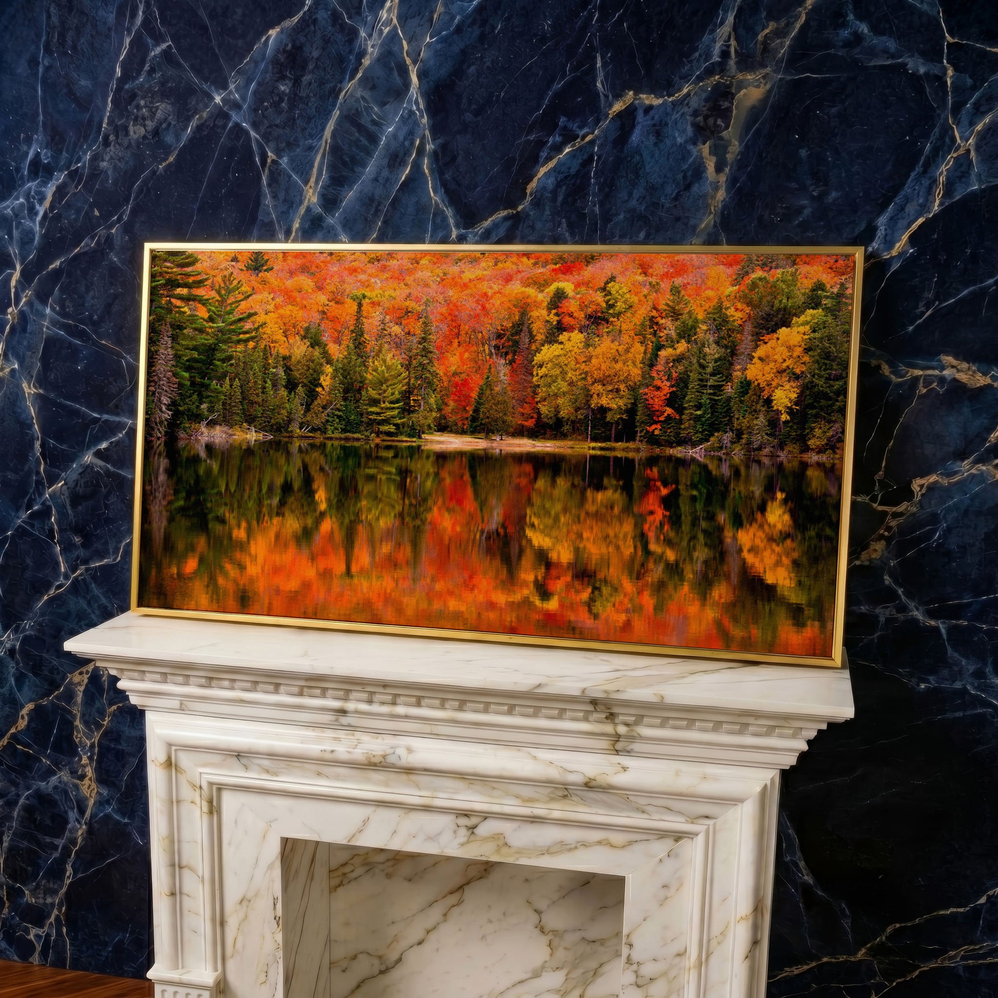 Autumn Forest with Reflective Lake Canvas in yellow gold floating frame