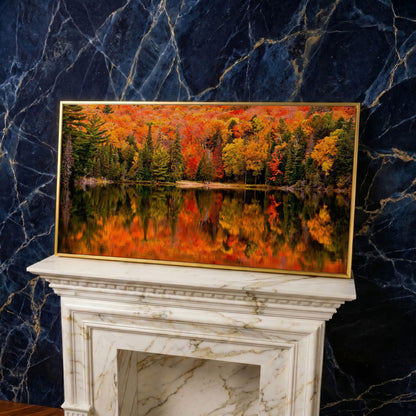 Autumn Forest with Reflective Lake Canvas in yellow gold floating frame