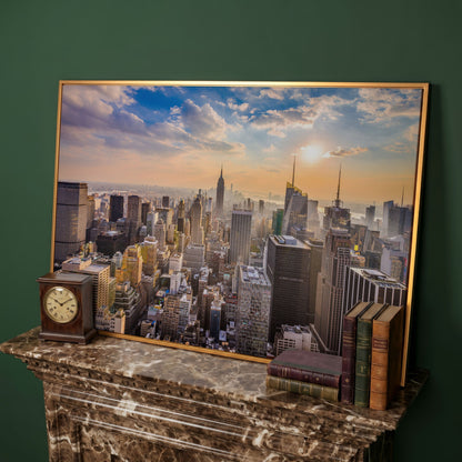 New York City Skyline Panoramic Canvas in antique gold floating frame