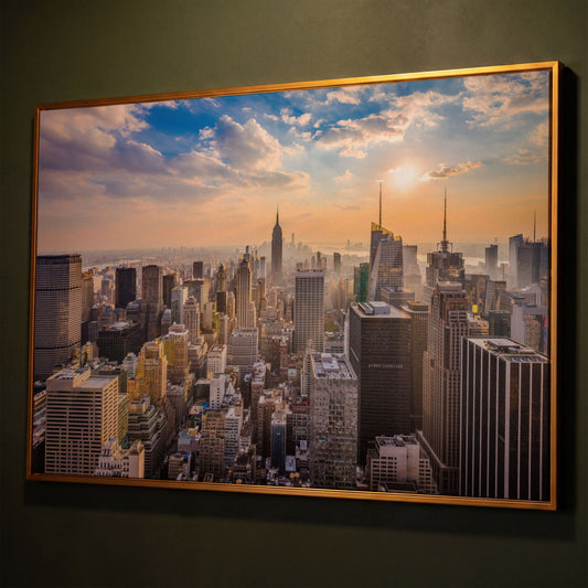 New York City Skyline Panoramic Canvas shown in antique gold floating frame