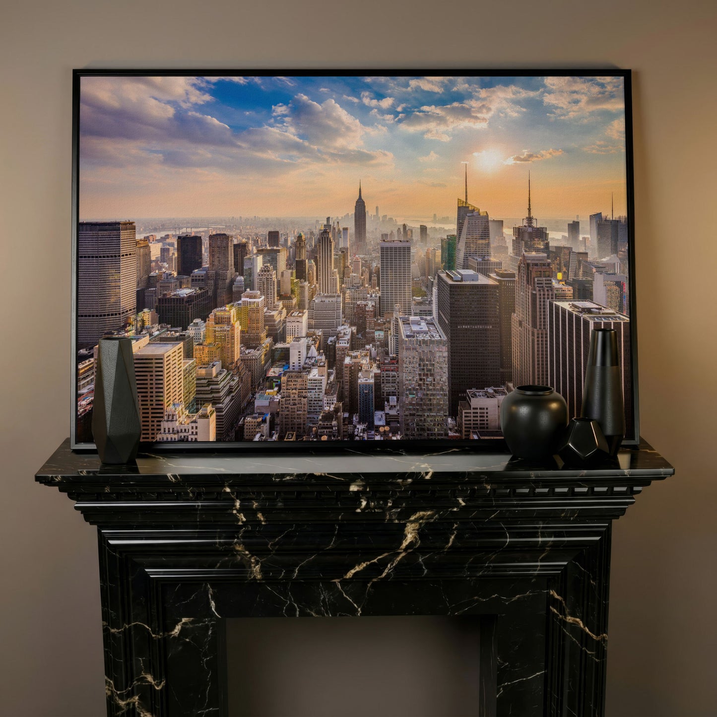 New York City Skyline Panoramic Canvas in black floating frame