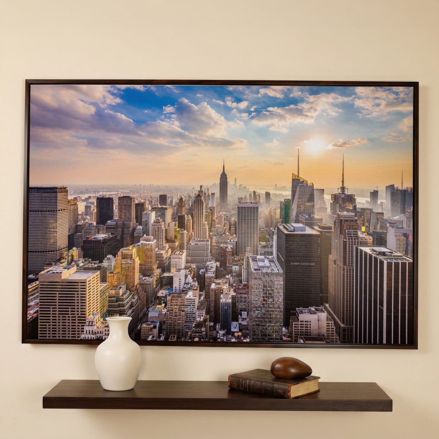 New York City Skyline Panoramic Canvas in dark walnut floating frame