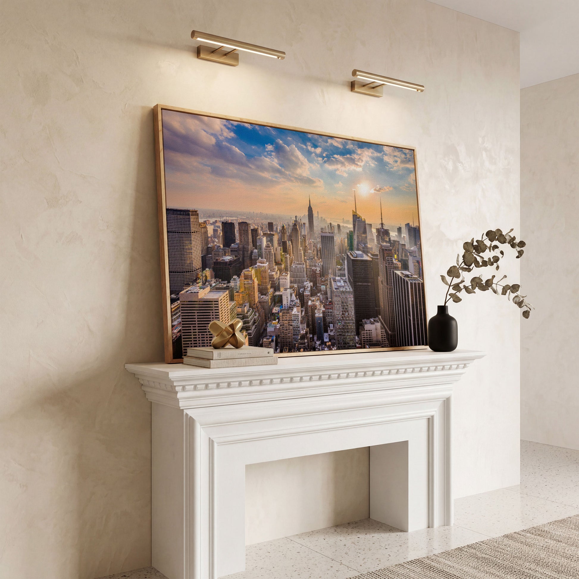 New York City Skyline Panoramic Canvas in white oak floating frame