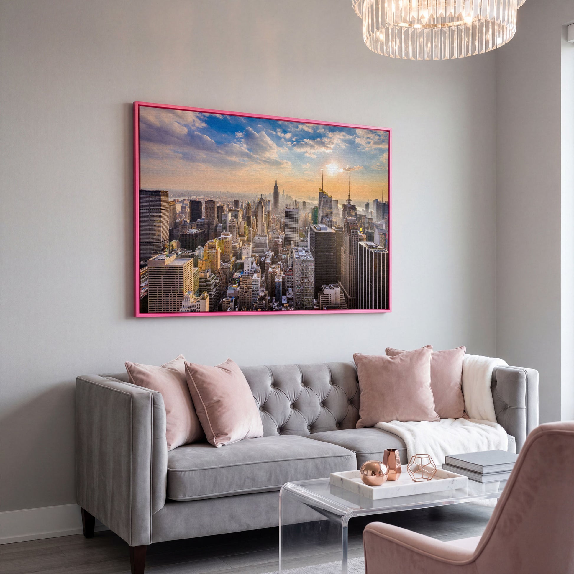 New York City Skyline Panoramic Canvas in pink floating frame