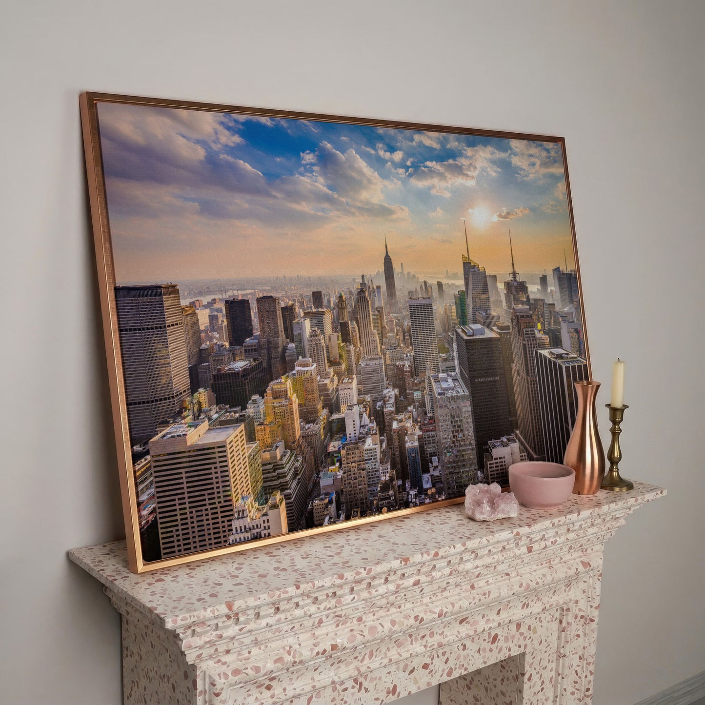 New York City Skyline Panoramic Canvas in rose gold floating frame