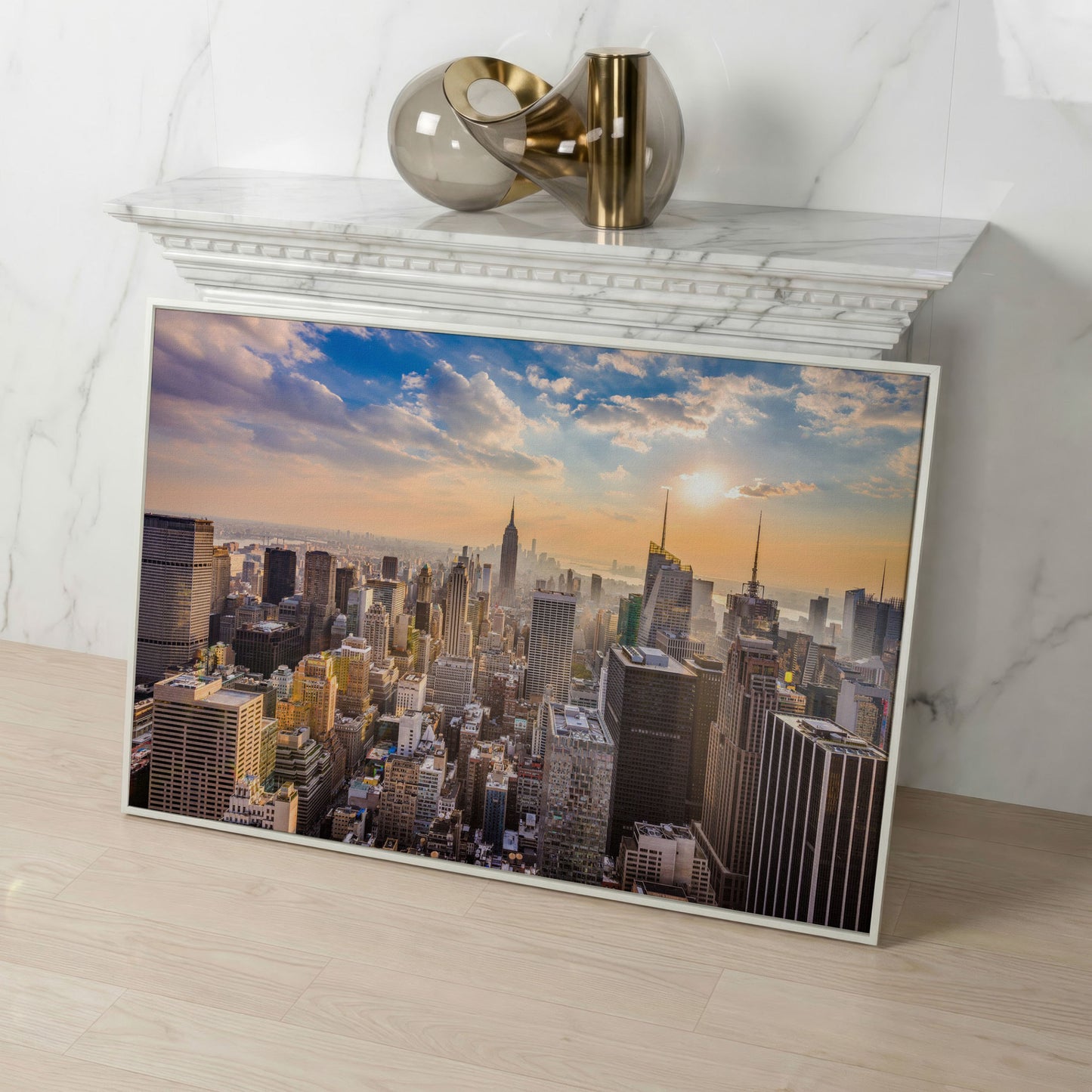New York City Skyline Panoramic Canvas in white floating frame