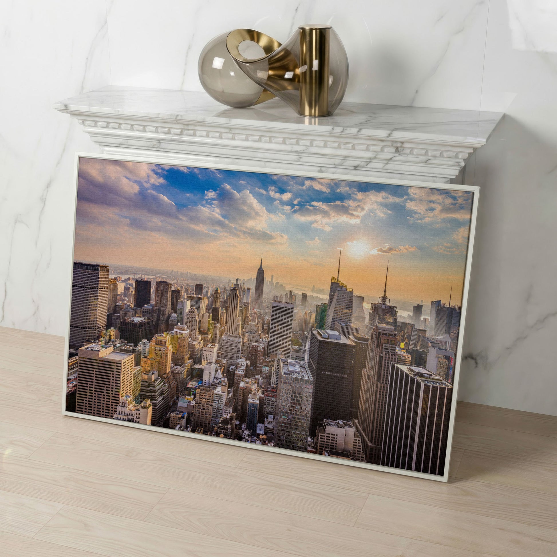 New York City Skyline Panoramic Canvas in white floating frame