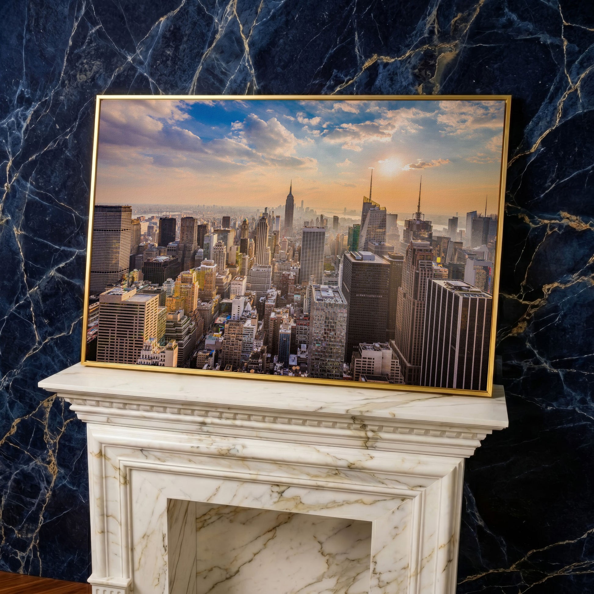New York City Skyline Panoramic Canvas in yellow gold floating frame