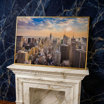 New York City Skyline Panoramic Canvas in yellow gold floating frame