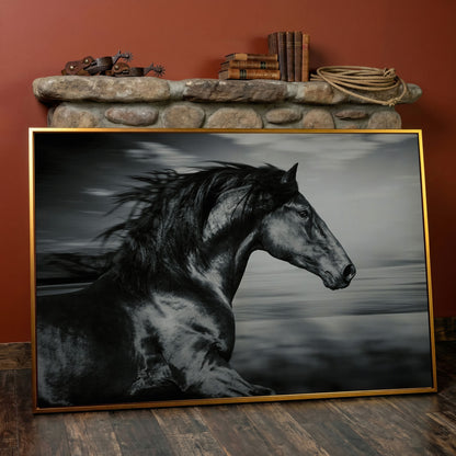 Black and White Running Horse Canvas in antique gold floating frame