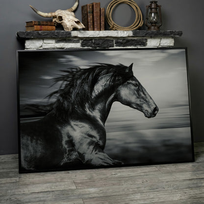 Black and White Running Horse Canvas in black floating frame