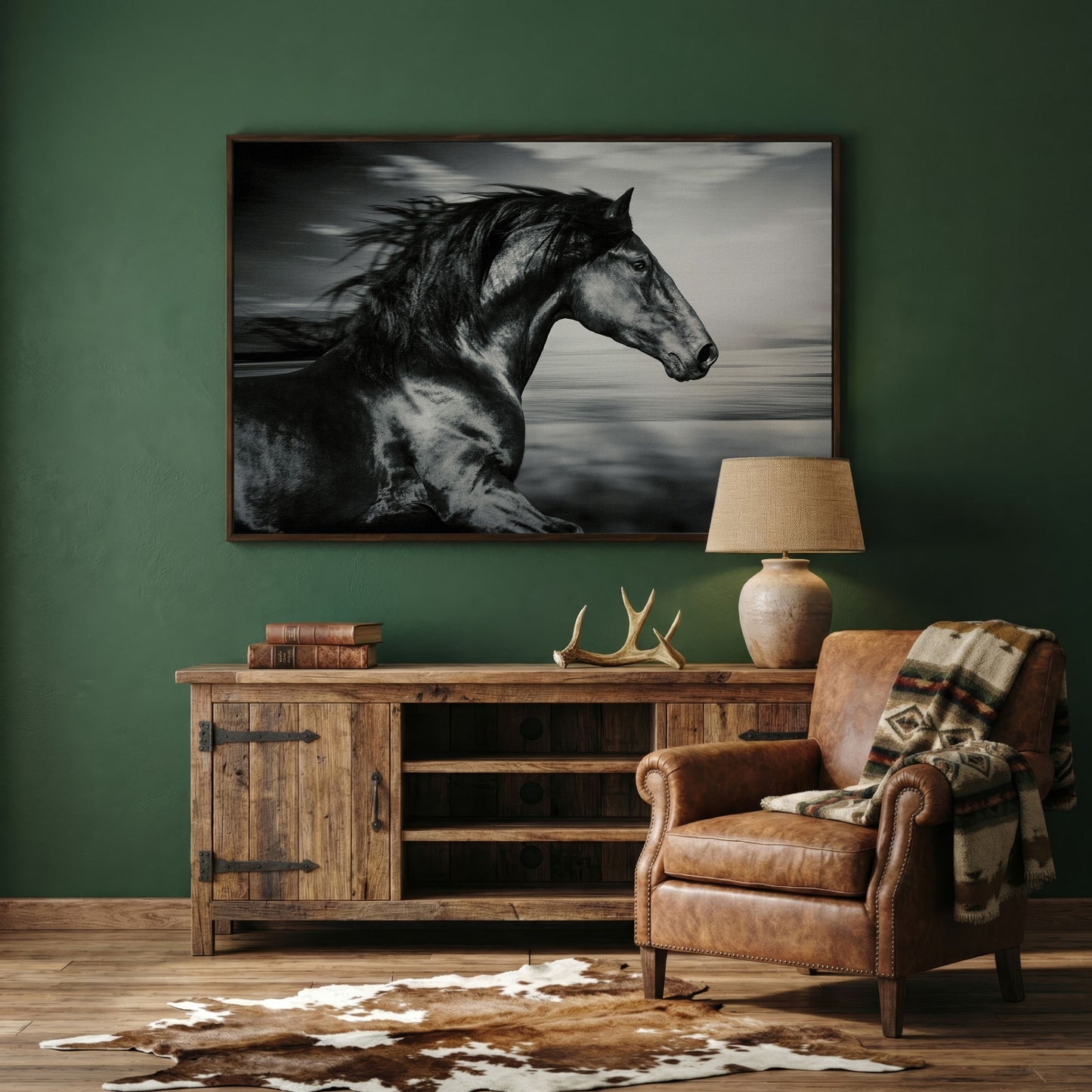 Black and White Running Horse Canvas in dark walnut floating frame