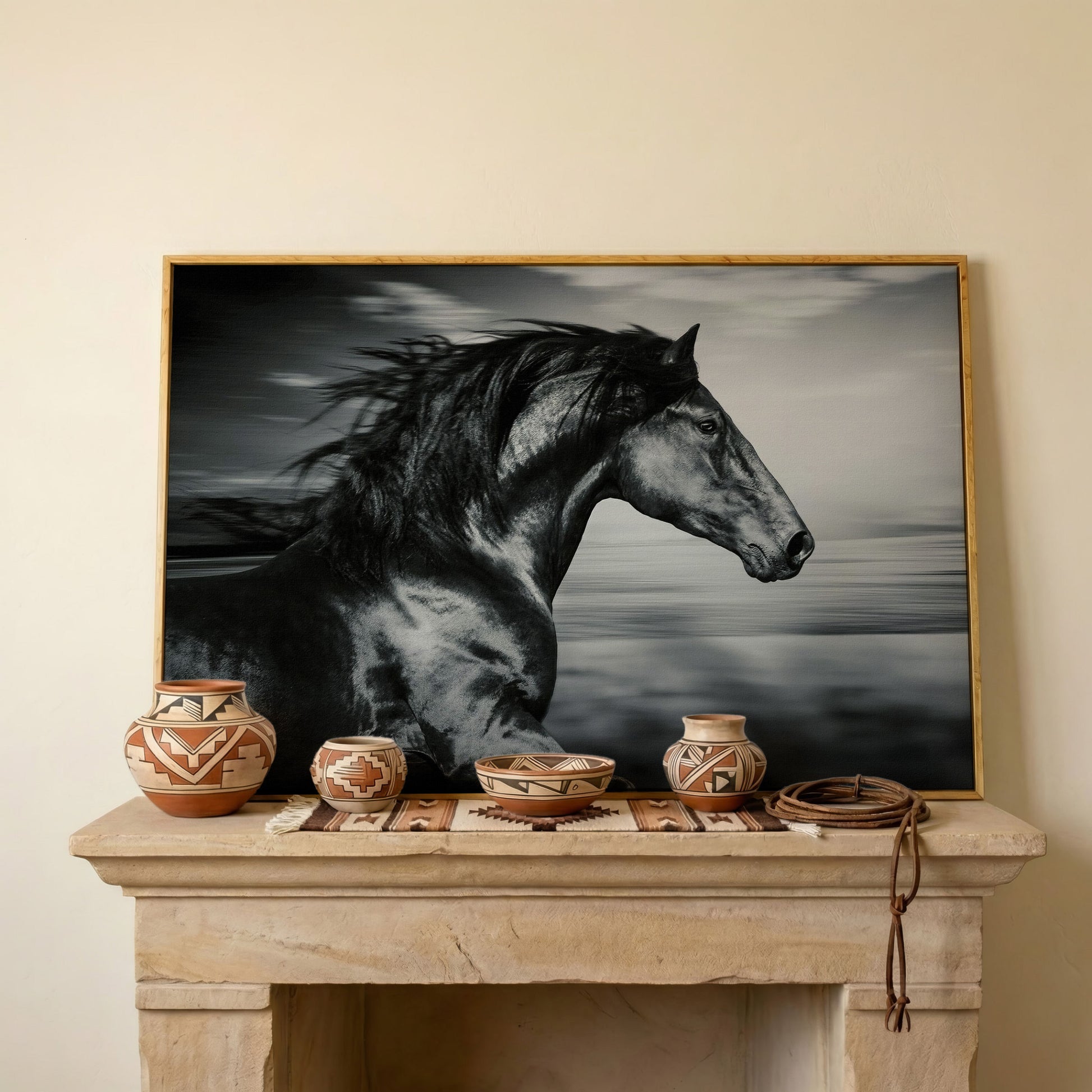 Black and White Running Horse Canvas in white oak floating frame