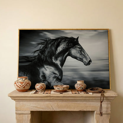 Black and White Running Horse Canvas in white oak floating frame