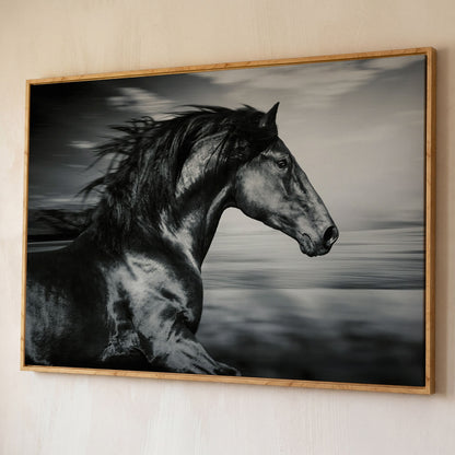 Black and White Running Horse Canvas shown in white oak floating frame
