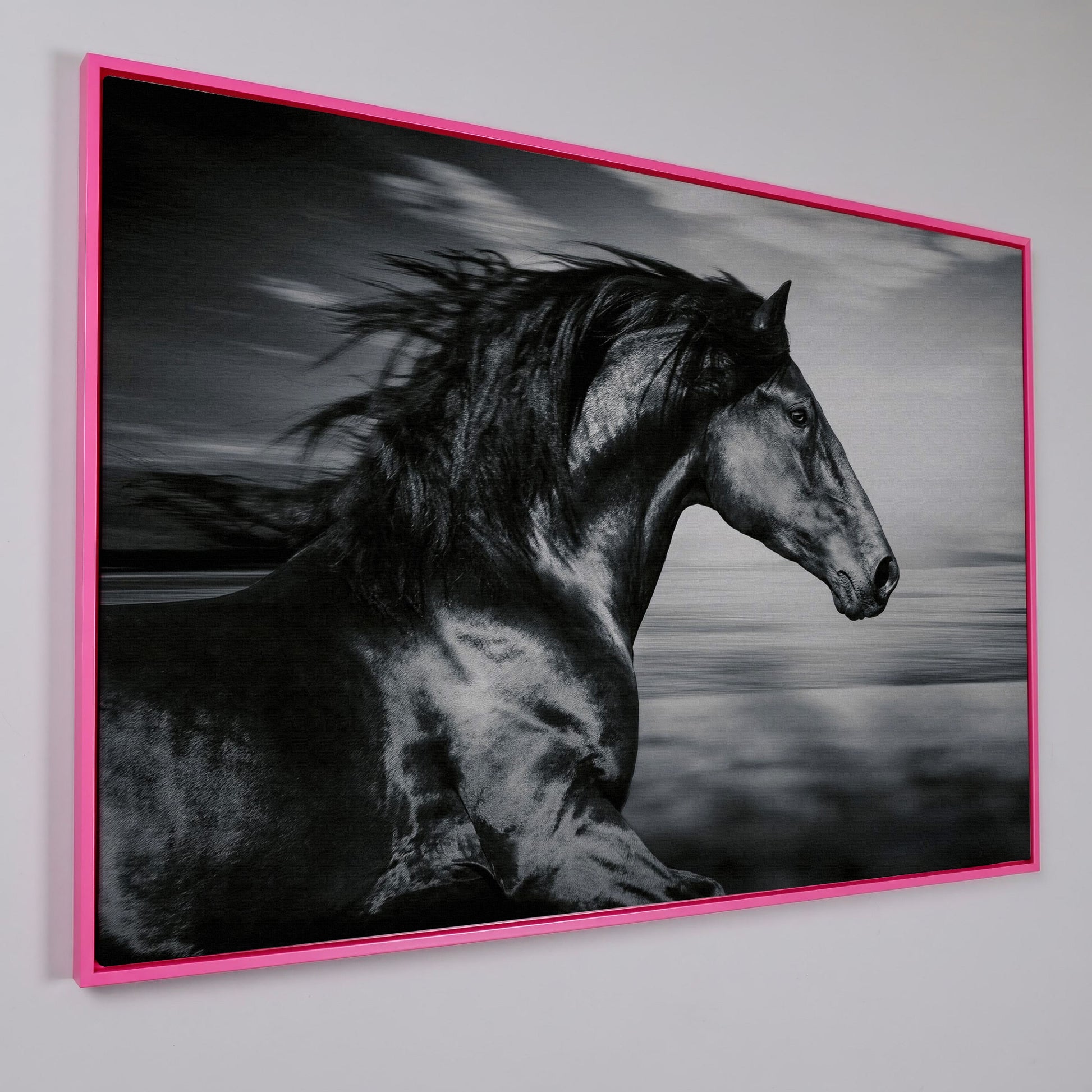 Black and White Running Horse Canvas in pink floating frame