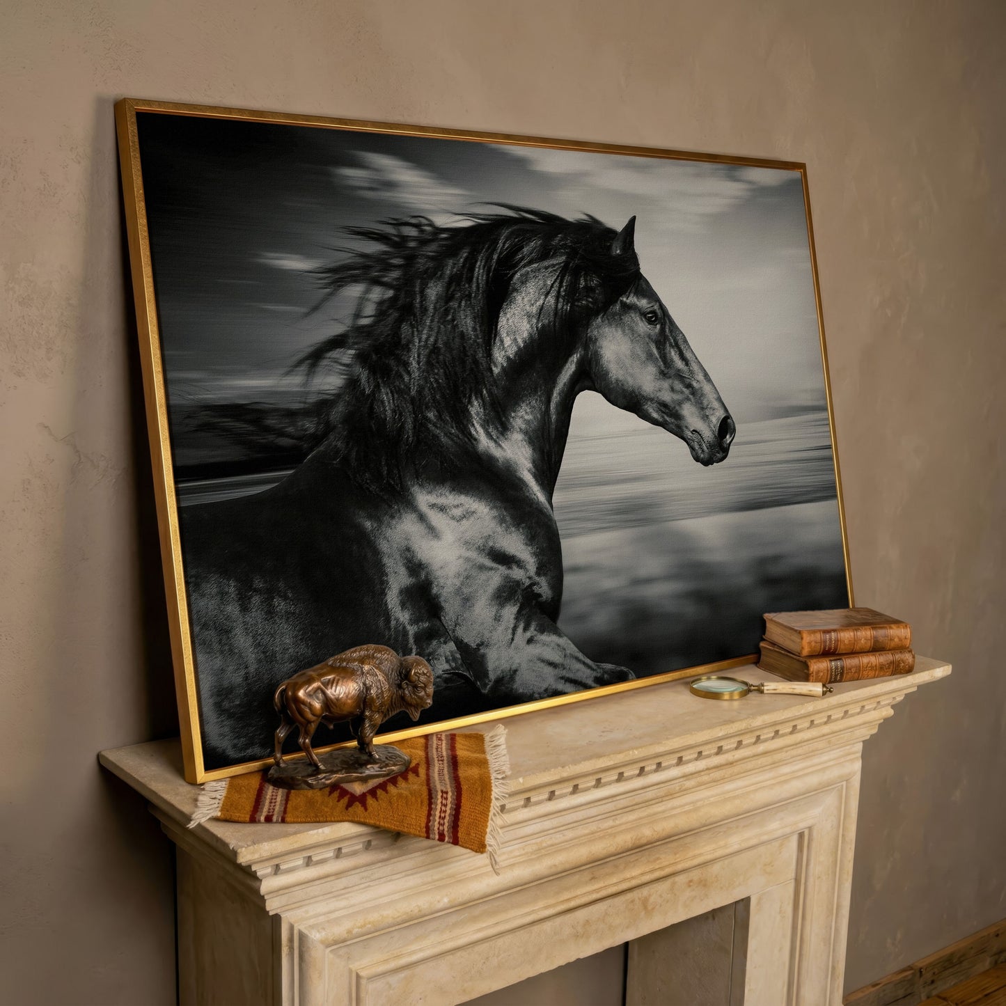 Black and White Running Horse Canvas in rose gold floating frame