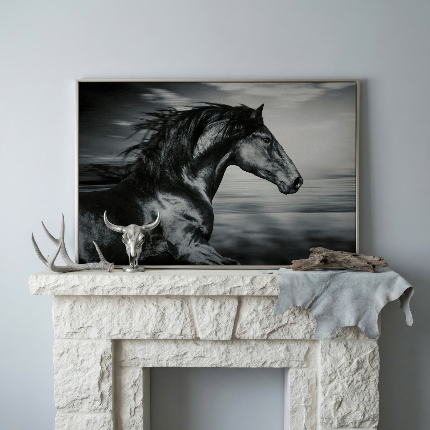 Black and White Running Horse Canvas in silver floating frame