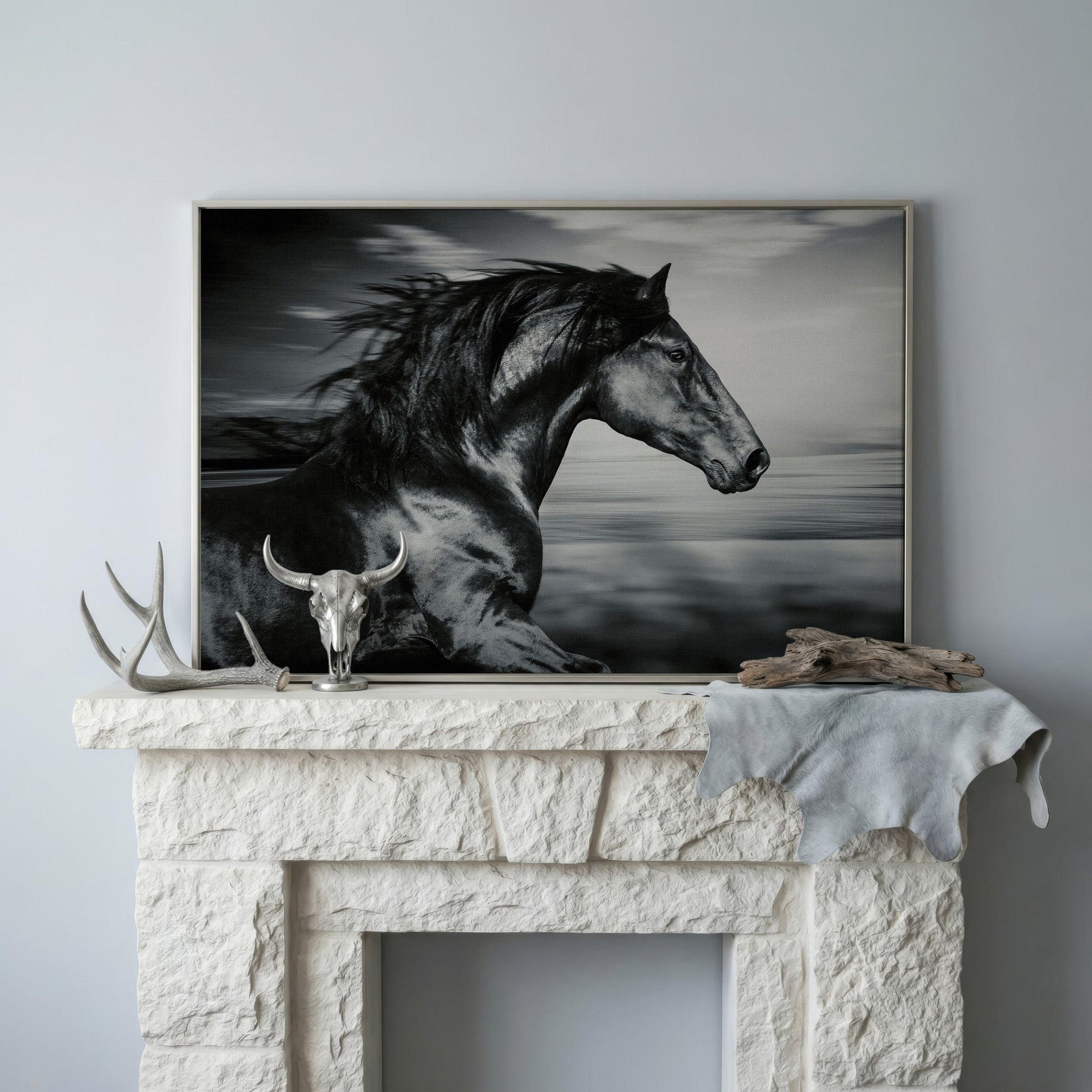 Black and White Running Horse Canvas in silver floating frame