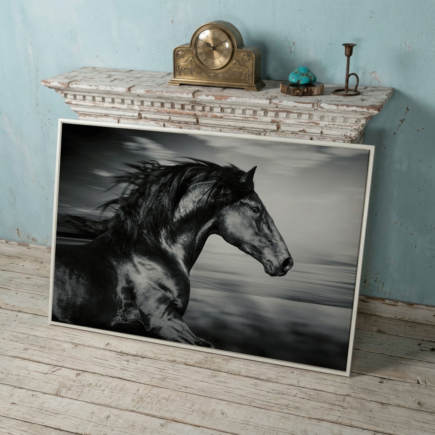 Black and White Running Horse Canvas in white floating frame