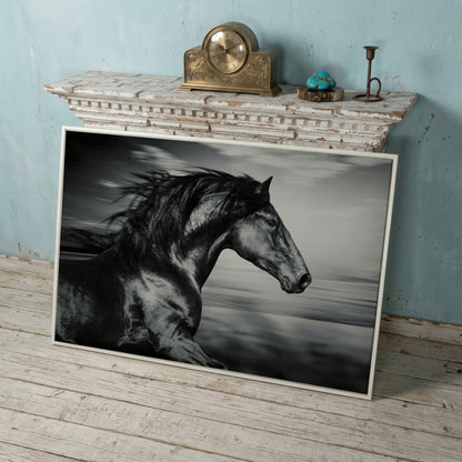 Black and White Running Horse Canvas in white floating frame