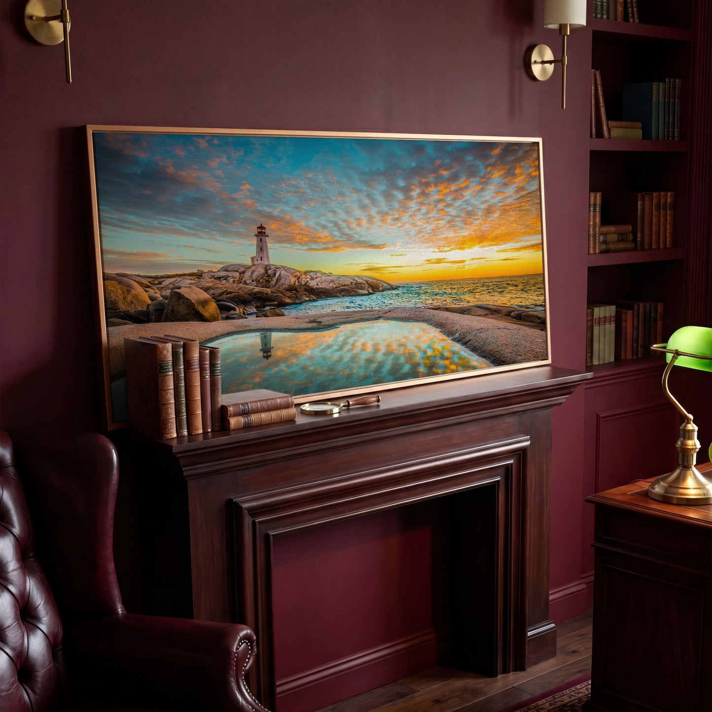 Peggy's Cove Lighthouse at Sunset Canvas Art in antique gold floating frame