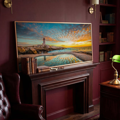 Peggy's Cove Lighthouse at Sunset Canvas Art in antique gold floating frame