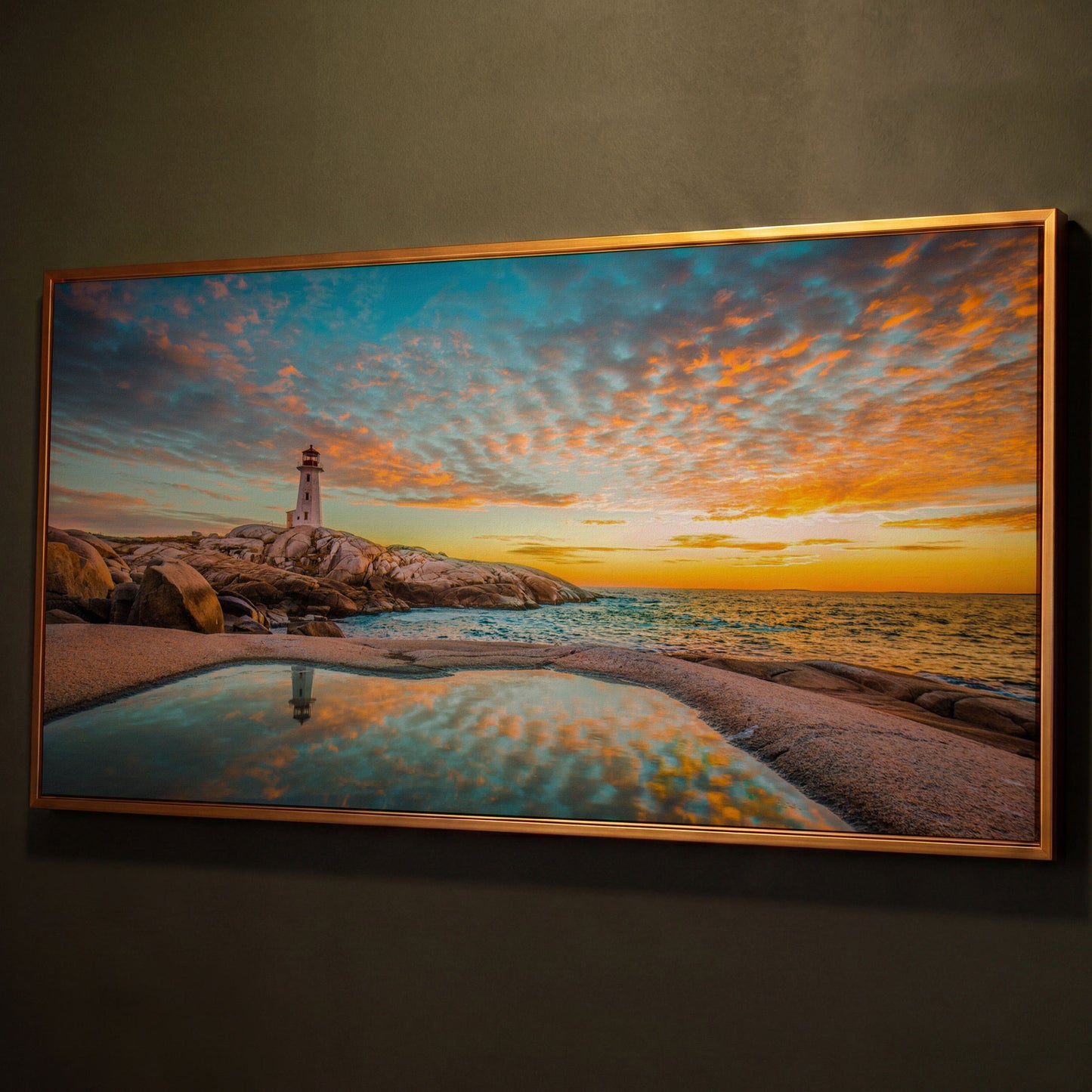 Peggy's Cove Lighthouse at Sunset Canvas Art shown in antique gold floating frame