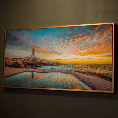 Peggy's Cove Lighthouse at Sunset Canvas Art shown in antique gold floating frame