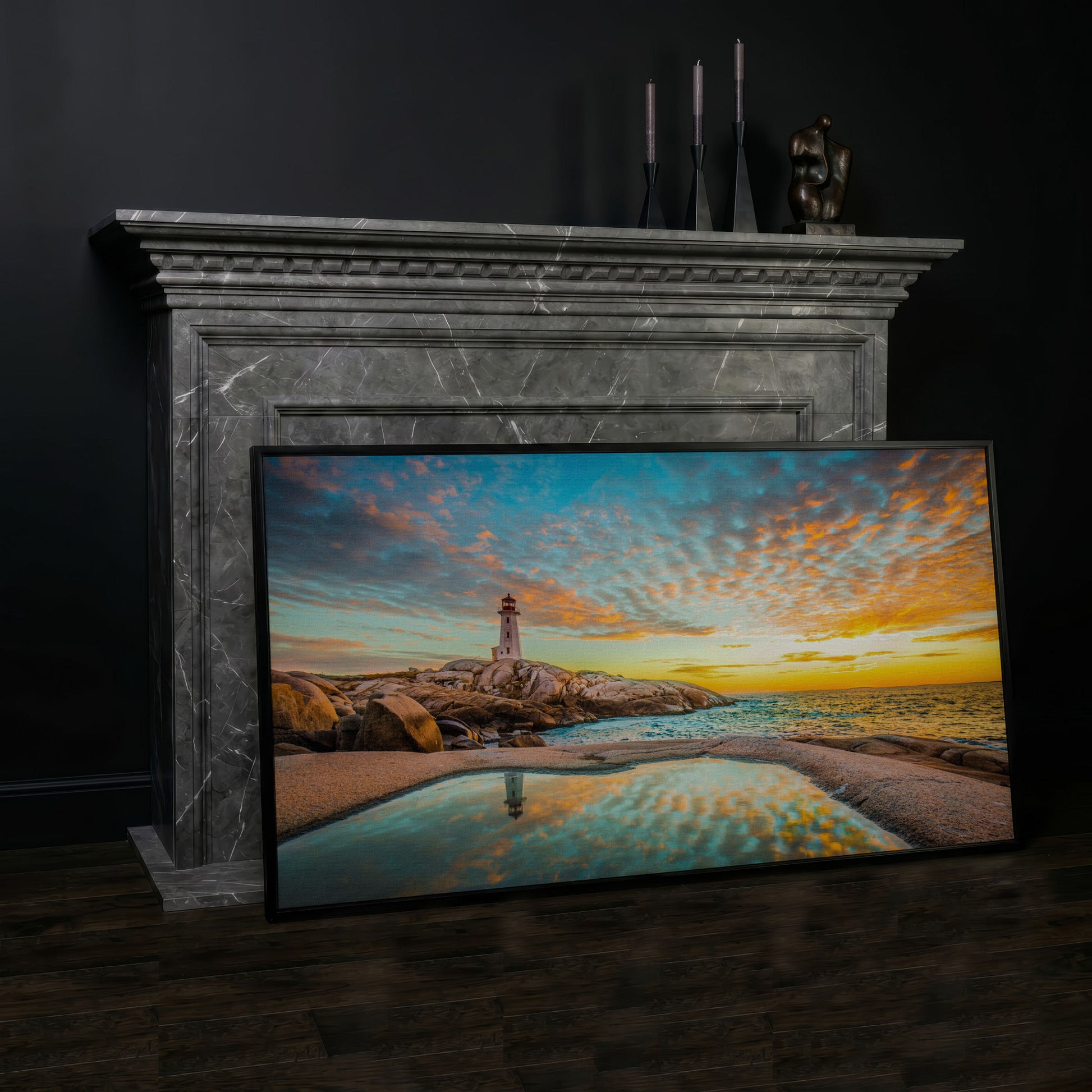 Peggy's Cove Lighthouse at Sunset Canvas Art in black floating frame