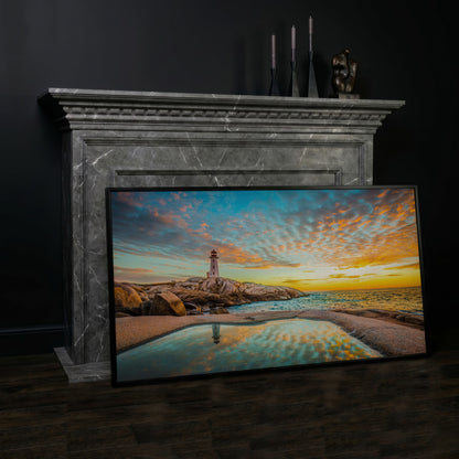 Peggy's Cove Lighthouse at Sunset Canvas Art in black floating frame