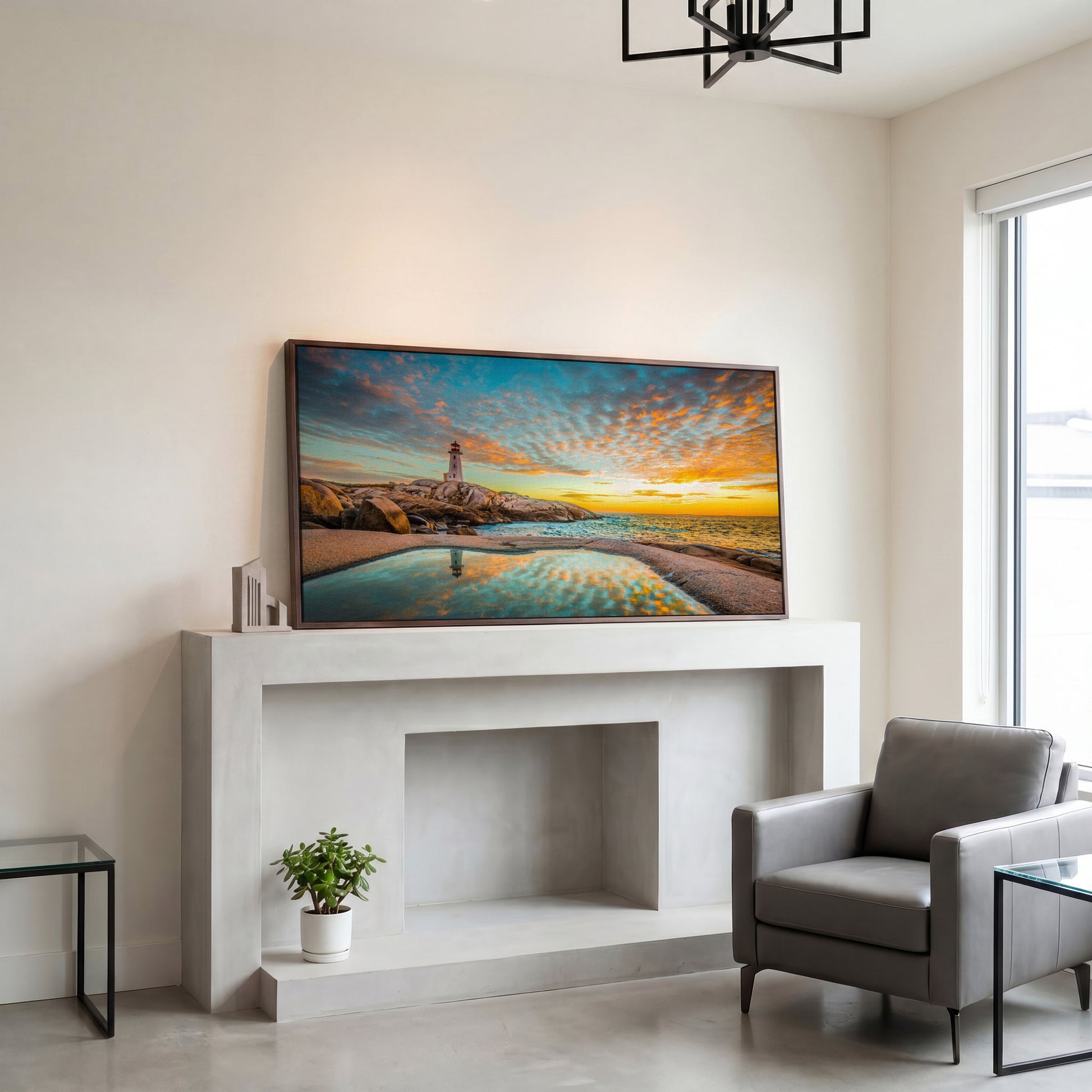 Peggy's Cove Lighthouse at Sunset Canvas Art in dark walnut floating frame
