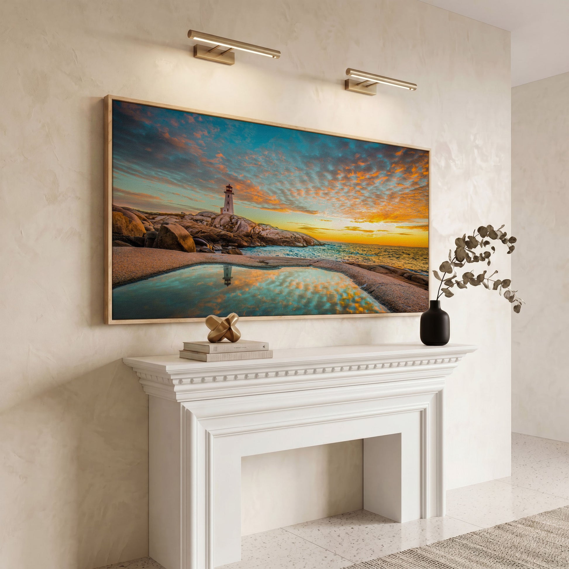 Peggy's Cove Lighthouse at Sunset Canvas Art in white oak floating frame