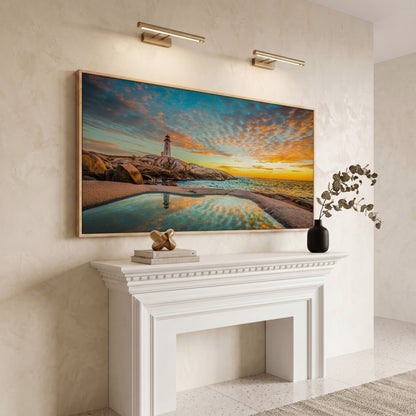 Peggy's Cove Lighthouse at Sunset Canvas Art in white oak floating frame